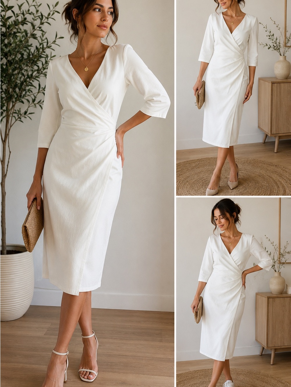 Classic White Wrap Midi Dress with Surplice Neck